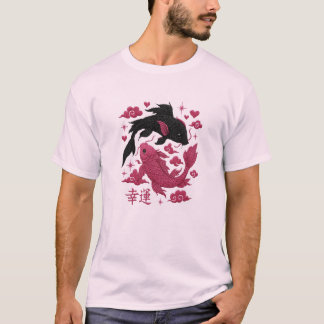 Lucky Koi Yin-Yang Embroidery | Black & Pink Aesth T-Shirt