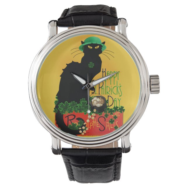 Lucky Le Chat Noir St. Patrick's Day Armbanduhr (Vorderseite)