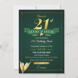 Lucky & Legal 21st Birthday Green & Gold Glitter Einladung