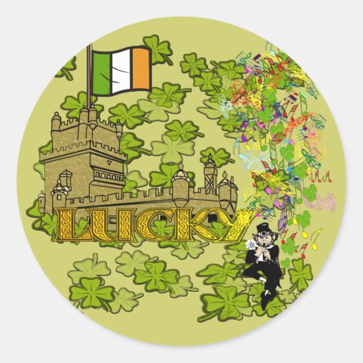 Lucky Leprechaun und seine irische Burg Runder Aufkleber (Vorderseite)
