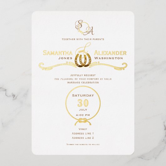 Lucky Liebe Western Rustikale Hufeisen Hochzeit Folieneinladung (Vorderseite)