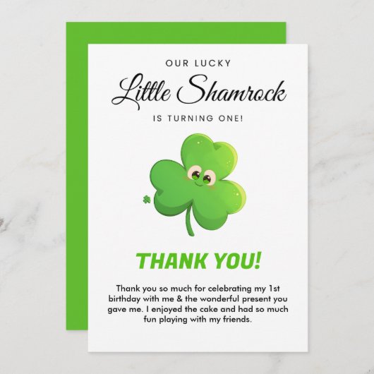 Lucky Little Kleeblatt 1. Geburtstag Dankeschön Ka Einladung (Vorne/Hinten)