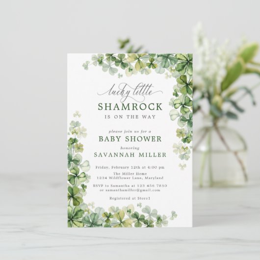 Lucky Little Kleeblatt Baby Dusche Spring Clou Einladung (Stehend Vorderseite)