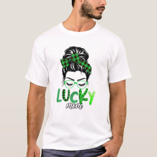 Lucky Mama Leopard Kariert Messy Bun Irish St Patr T-Shirt