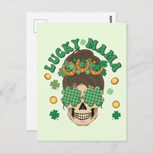 Lucky Mama Skeleton mit Klee und Hufeisen Postkarte (Vorne/Hinten)