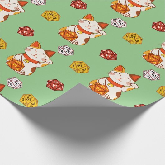 Lucky Maneki-neko Gamer Pattern mit D20 Dice Geschenkpapier (Ecke)