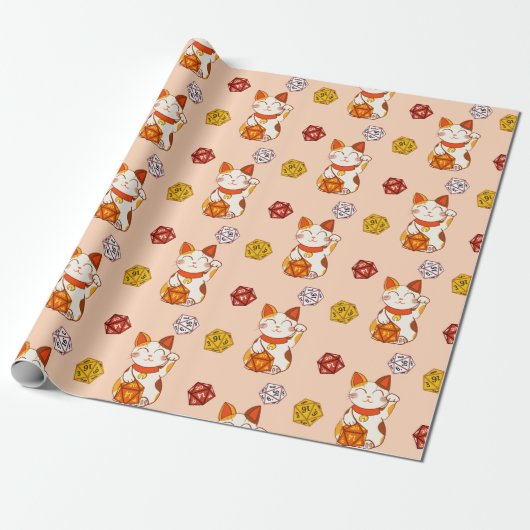 Lucky Maneki-neko Gamer Pattern mit D20 Dice (rot) Geschenkpapier (Ungerollt)