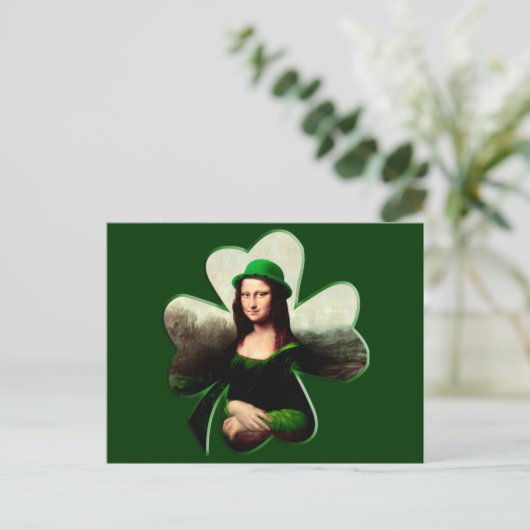 Lucky Mona Lisa St Patrick's Day Clover Postkarte (Stehend Vorderseite)