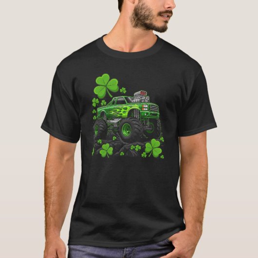 Lucky Monster Truck Green Flame Graphic T-Shirt (Vorderseite)