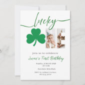 Lucky One First Birthday Photo Clover Invitation Einladung (Vorderseite)