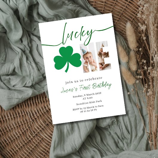 Lucky One First Birthday Photo Clover Invitation Einladung