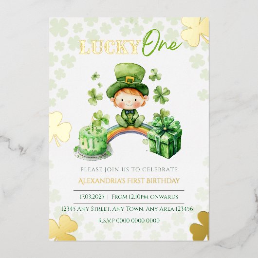 Lucky One First Birthday St Patricks Folieneinladung (Vorderseite)