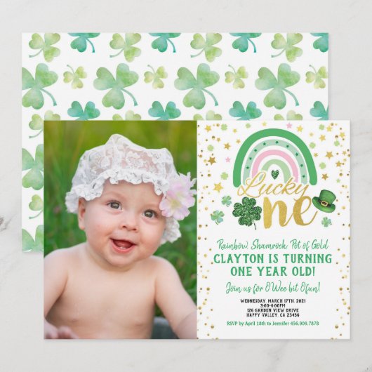Lucky One Girl First Birthday St Patrick's Foto Einladung (Vorne/Hinten)