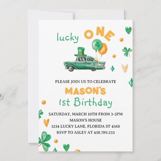 Lucky One Green Vierblättriges Kleeblatt Geburtsta Einladung (Vorderseite)