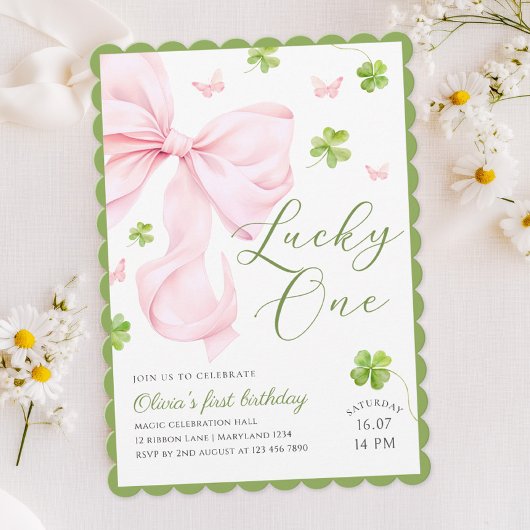 Lucky One Pink Bow 1st Birthday Invitation Einladung