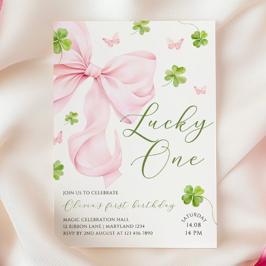 Lucky One Pink Bow 1st Birthday Invitation Einladung