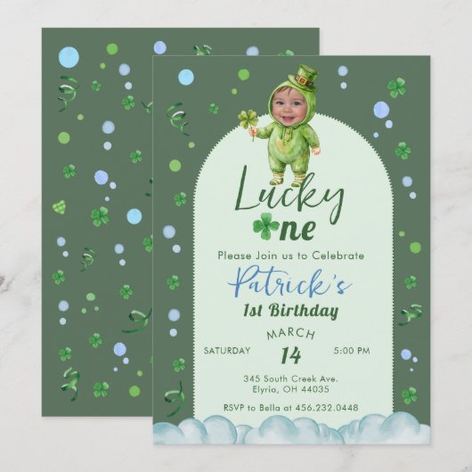 Lucky One St Patrick Boy with Photo Birthday Einladung (Vorne/Hinten)