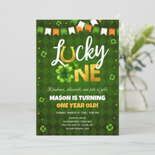 Lucky One St. Patrick's Day Boy First Birthday Inv Einladung (Stehend Vorderseite)