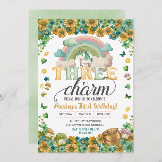Lucky Rainbow Unicorn Three ist ein Scharm Geburts Einladung (Vorne/Hinten)