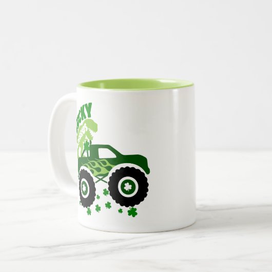 Lucky Saurus Rex Saint Patrick Dinosaur Kleeblatt Zweifarbige Tasse (Vorderseite Links)