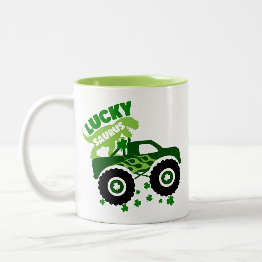 Lucky Saurus Rex Saint Patrick Dinosaur Kleeblatt Zweifarbige Tasse (Links)