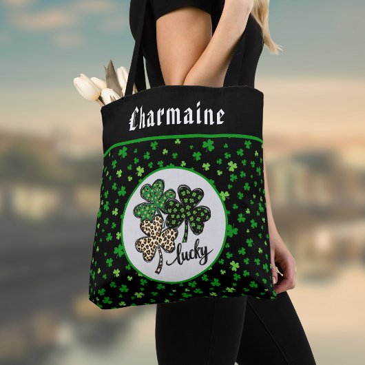 Lucky St Patrick Shamrock Green Black Cat Print   Tasche