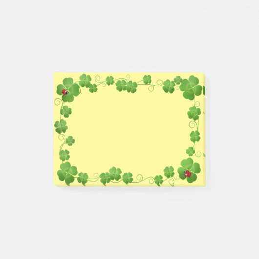 Lucky Vier-Leaf-Clovers & Ladybugs auf Gelb Post-it Klebezettel (Vorderseite)