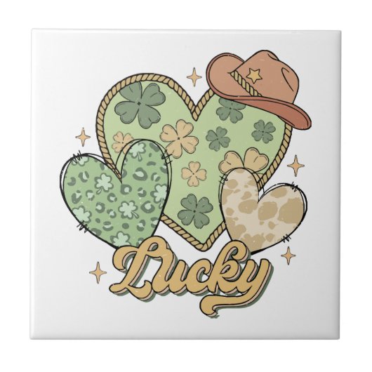 Lucky Western St Patricks Day Heart Kleeblatt Iris Fliese (Vorderseite)