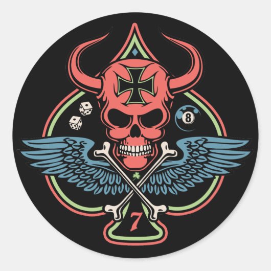 Lucky Winged Maltese Devil Skull of Spades Runder Aufkleber (Vorderseite)
