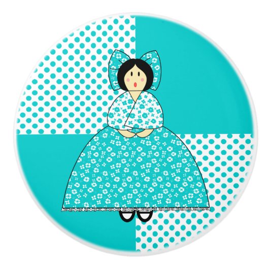 Lucy Doll mit Aqua Polka Dot Background Keramikknauf (Vorderseite)