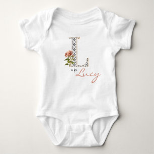 Lucy Name Reveal Floral Letter L Girl Whimsical Baby Strampler