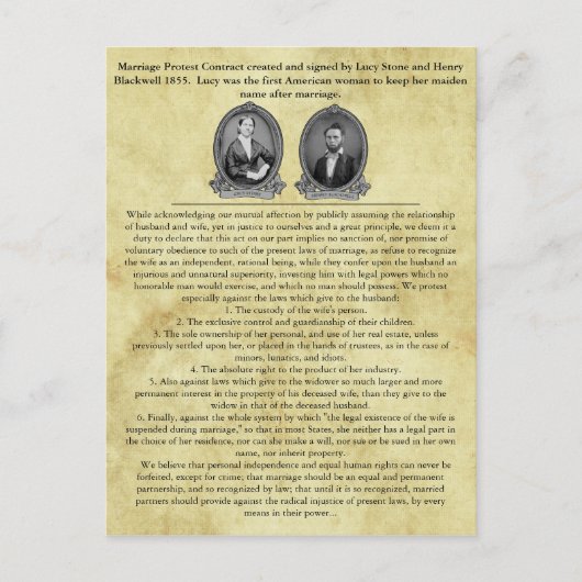 Lucy Stone Henry Blackwell Ehevertrag Postkarte (Vorderseite)
