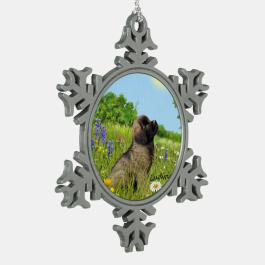Ludwig die Leonberger Welpen-Weihnachtsverzierung Schneeflocken Zinn-Ornament (Links)