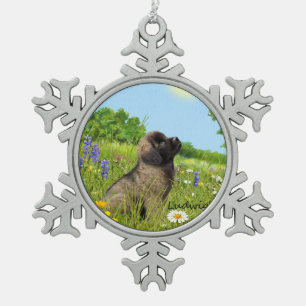 Ludwig die Leonberger Welpen-Weihnachtsverzierung Schneeflocken Zinn-Ornament