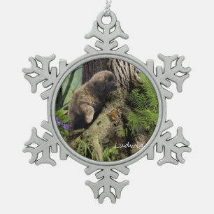 Ludwig die Leonberger Welpen-Weihnachtsverzierung Schneeflocken Zinn-Ornament