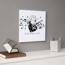Ludwig van Beethoven Portrait and Bust with Notes Quadratische Wanduhr