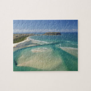 Luftansicht der Mündung, Sawyer Bay, Stanley und Puzzle