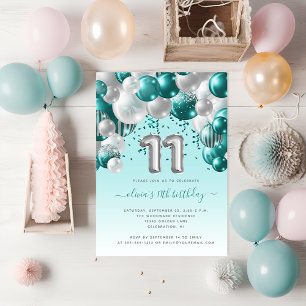 Luftballonbogen Türkis Silber 11. Geburtstagsfeier Postkarte