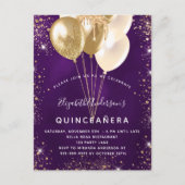 Luftballons aus lila Goldgold aus Quinceanera Einladungspostkarte (Vorderseite)