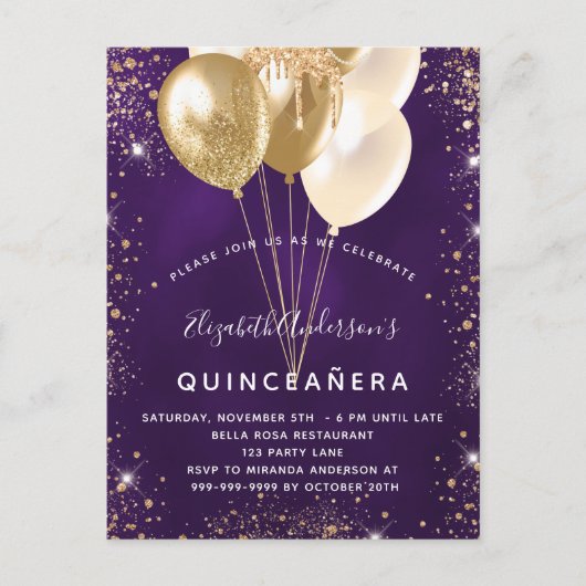 Luftballons aus lila Goldgold aus Quinceanera Einladungspostkarte (Vorderseite)
