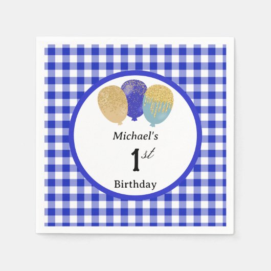 Luftballons & Blaues Gingham 1. Geburtstag Serviette (Vorderseite)