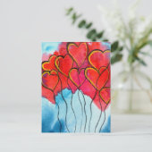 Luftballons des roten Herzens Valentine Aquarell Postkarte (Stehend Vorderseite)