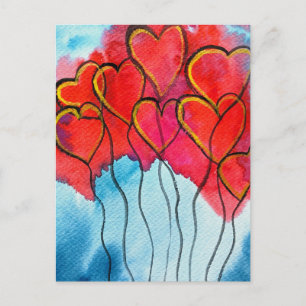 Luftballons des roten Herzens Valentine Aquarell Postkarte