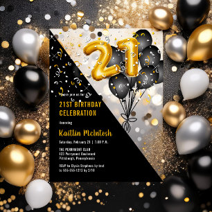 Luftballons Elegant Schwarz Gold 21. Geburtstags Acryleinladungen