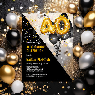 Luftballons Elegant Schwarz   Gold 40. Geburtstags Acryleinladungen