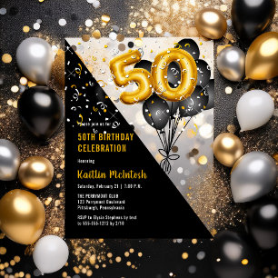 Luftballons Elegant Schwarz   Gold 50. Geburtstags Acryleinladungen