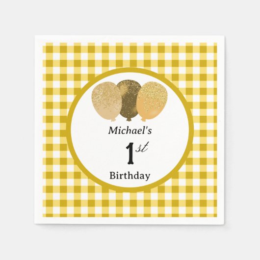 Luftballons & gelbes Gingham 1. Geburtstag Serviette (Vorderseite)