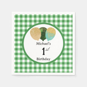 Luftballons & grünes Gingham 1. Geburtstag Serviette