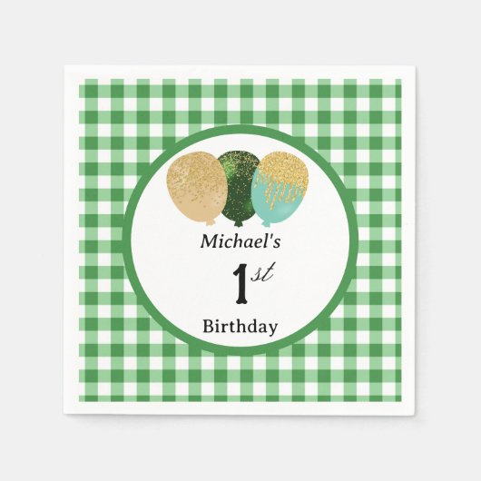 Luftballons & grünes Gingham 1. Geburtstag Serviette (Vorderseite)