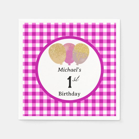 Luftballons & rosa Gingham 1. Geburtstag Serviette (Vorderseite)